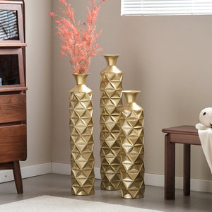 English Elm Metal Antique Gold Decorative Vase Set Of 3 - Modern Geometric Design With 3D Triangle Pattern W2796P193603