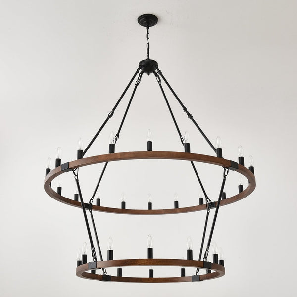 English Elm Large Two Tier Wagon Wheel Chandelier 32 Light Farmhouse Metal Wood Grain Foyer W5008P464922