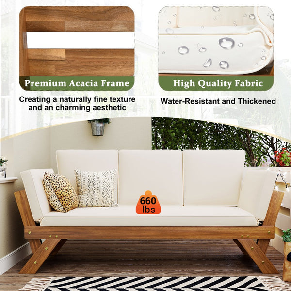 English Elm TOPMAX Outdoor Adjustable Patio Daybed Sofa with Acacia Hardwood Frame, Water-Resistant Cushions Natural+Beige SP100141AAN