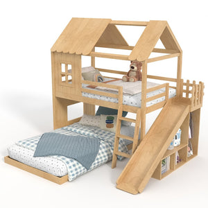 English Elm Twin Over Full Playhouse Bunk Bed with Slide Ladder Storage Shelves and Wardrobe W5305S00040