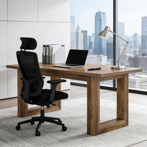 English Elm Sturdy Two-tier Computer Desk with File Cabinet and Monitor Riser for Home Office Brown T3971P453720