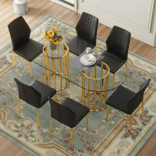 English Elm Table and Chair Set Oval Tempered Glass Top with Gold Base Glam Dining Room 7 Piece Black+Gold,Transparent W1151S04726