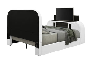 English Elm Shelyn Plush Teddy Sherpa EK Bed with LED Headboard, Built-In Fireplace, TV Lift and Bluetooth Speaker White 85.83 L x 12.6 W x 6.61 H B2726S00478