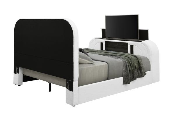 English Elm Shelyn Plush Teddy Sherpa EK Bed with LED Headboard, Built-In Fireplace, TV Lift and Bluetooth Speaker White 85.83 L x 12.6 W x 6.61 H B2726S00478