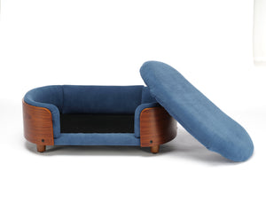 English Elm Scandinavian Elevated Pet Sofa Bed with Walnut Bent Wood Back, Velvet Stain-Resistant Fabric, Cozy Rest Dark Blue W794125923