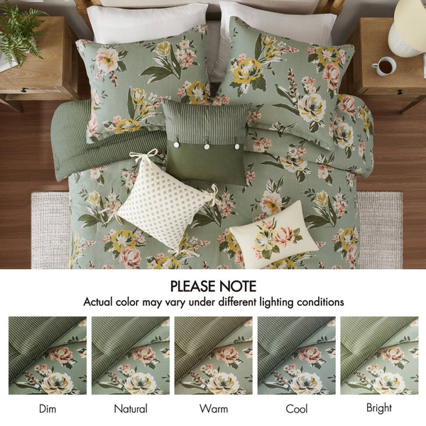 English Elm 7-piece Cal King Vintage Floral Comforter Set with Reversible Stripe and Bed Skirt B035P440214