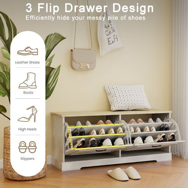 English Elm Shoe Storage Bench With Elegant Antique White Finish, 2 Flip Drawers & Adjustable Shelf For Versatility W1120P290636-GIGA