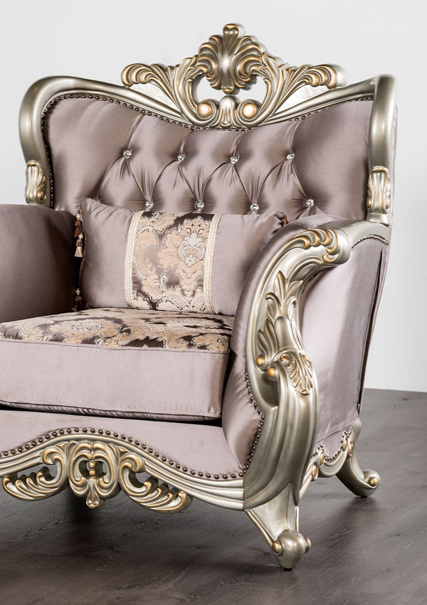 English Elm Traditional Carved Tufted Accent Chair with Rolled Arms, Nailhead Trim and Elegant Upholstery Champagne,Purple 41 L x 42 W x 33 H B2741P380803