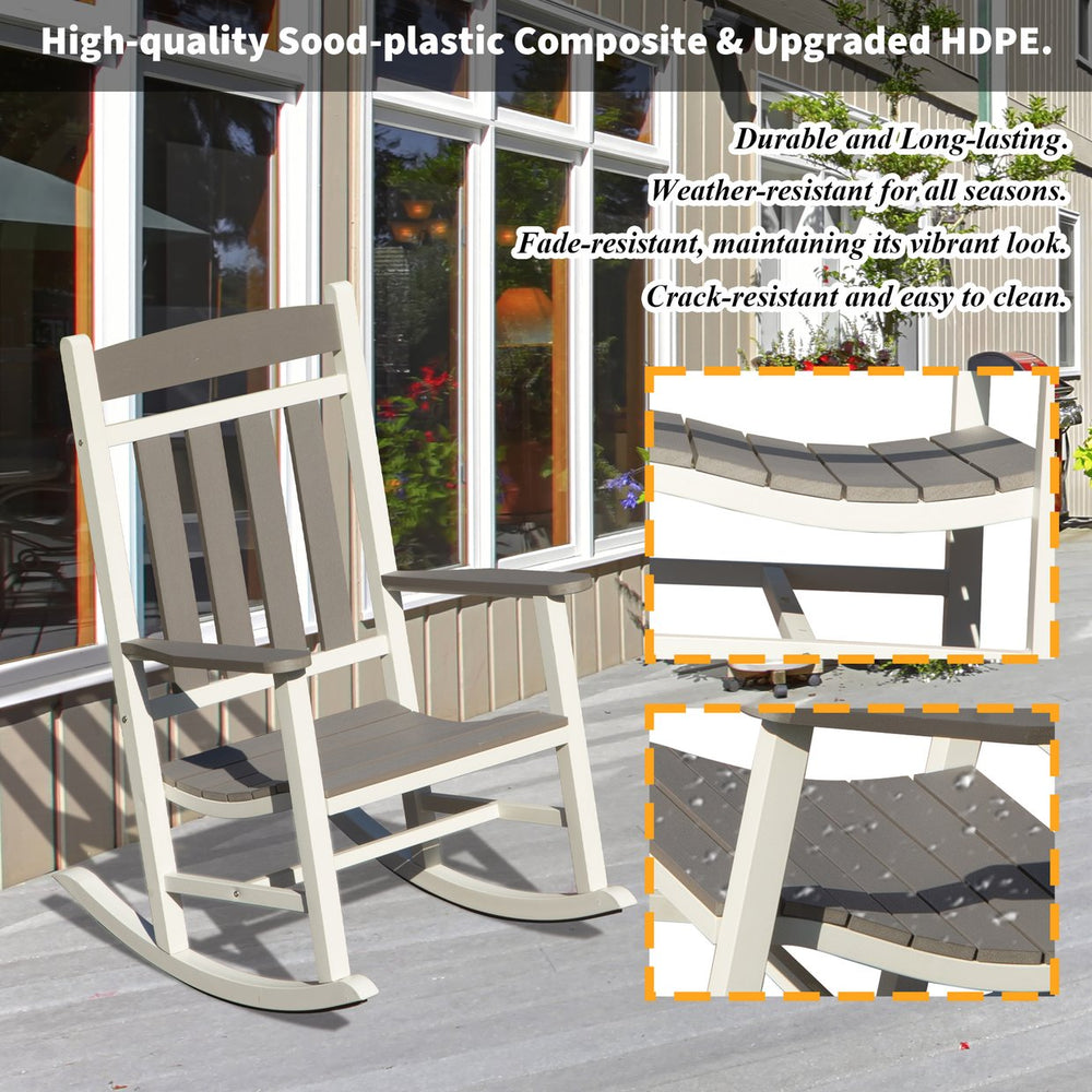 English Elm Outdoor Rocking Chairs Set of 2 HDPE Patio Oversized Rockers for Adults, Weatherproof, Ergonomic Comfort Grey+White W1859P360054