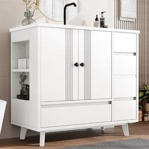 English Elm 36" Freestanding Bathroom Vanity Solid Wood Cabinet Ceramic Basin Four Drawers White W1580P382510