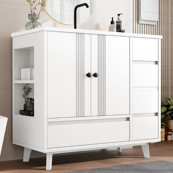 English Elm 36" Freestanding Bathroom Vanity Solid Wood Cabinet Ceramic Basin Four Drawers White W1580P382510