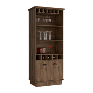 English Elm Bar Cabinet 70"H with Wine Rack, Glass Upper Display, 3 Open Shelves & Lower Storage, Dark Brown B097S00119