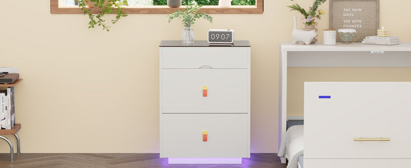 English Elm 3-Drawer 30" Nightstand with LED Light & Remote, Glass Top Jewelry Organizer, 3 Spacious Drawers White N733P304515K