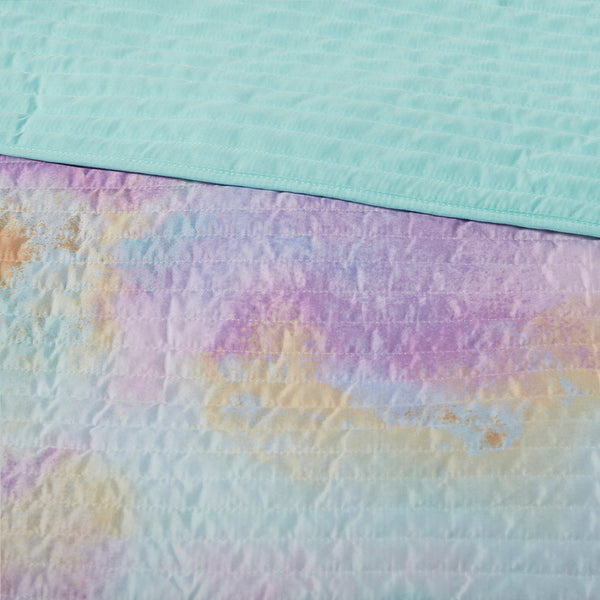 JLA Home Intelligent Design - Watercolor Dream Tie-Dye Quilt Set with Reversible Aqua Backing, Hypoallergenic OEKO-TEX Comfort 90 L x 68 W x 0.25H ID13-2289