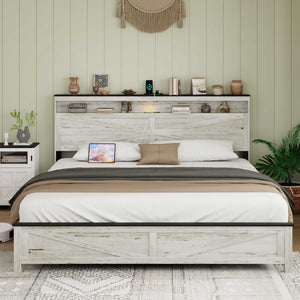 English Elm King Platform Storage Bed Farmhouse Shelf Headboard with Usb Charging Ports W636P317332