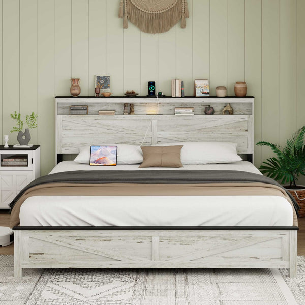 English Elm King Platform Storage Bed Farmhouse Shelf Headboard with Usb Charging Ports W636P317332