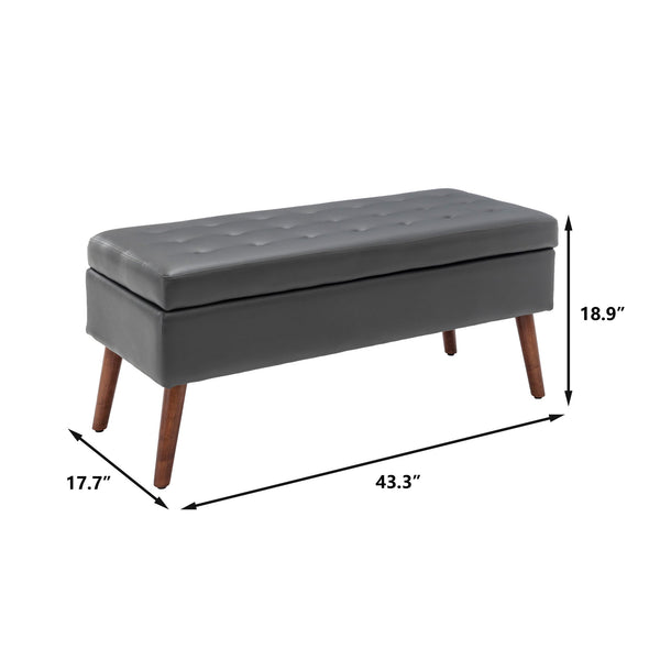 English Elm Storage Bench Dark Grey PU Leather Ottoman with 7.8" Hidden Compartment, Solid Wood Legs, 300lb Capacity W2200P152168