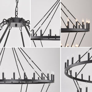 English Elm 69.3 Inch Four Tier Wagon Wheel Chandelier Matte Black Metal 80 Light Farmhouse Foyer W5008P392692