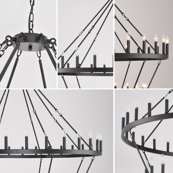 English Elm 69.3 Inch Four Tier Wagon Wheel Chandelier Matte Black Metal 80 Light Farmhouse Foyer W5008P392692