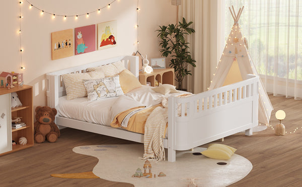 English Elm Queen Low Profile Pine Wood Kids Platform Bed with Guardrails and Rounded Safety Posts White W2593P409122