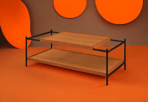 English Elm Oaken Honey Finish Coffee Table with Open Storage and Black Metal Frame — Modern Rustic Centerpiece Oak 51.75 L x 24.5 W x 7.25 H B2726P244370