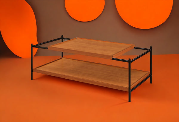 English Elm Oaken Honey Finish Coffee Table with Open Storage and Black Metal Frame — Modern Rustic Centerpiece Oak 51.75 L x 24.5 W x 7.25 H B2726P244370