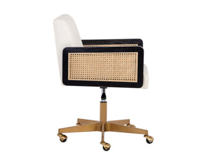 Sunpan Claudette Modern Office Chair in Linoso Ivory with Rattan, Gold Base, and Black Rubberwood Arms