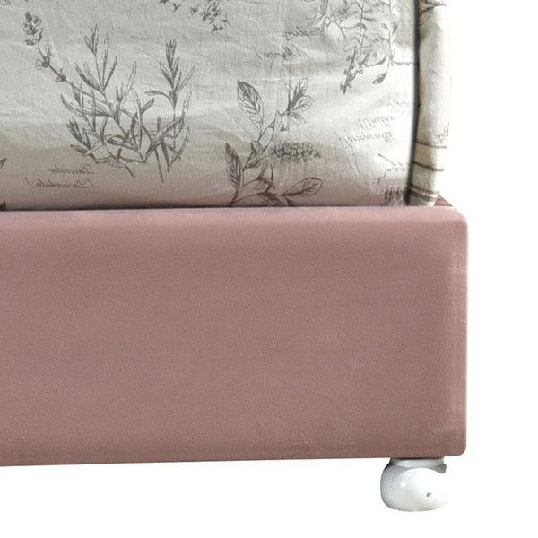 English Elm Pink Tufted Panel Bed Arched Headboard with Crystal Buttons, 13-Slat Low-Profile Frame, White Legs B062S00472