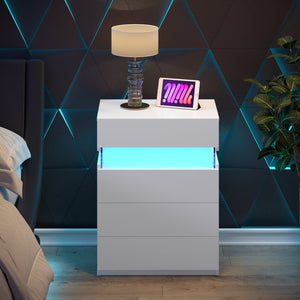 English Elm Nightstand with Led Backlighting Acrylic Panel Four Drawers Modern Bedroom Side Table White W2178P246212