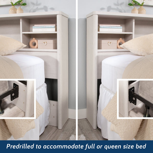 English Elm Full/Queen Bookcase Headboard White — Slim Engineered Wood, 2 Adjustable Shelves, Hidden Cord Access, Easy Assembly B356P402781