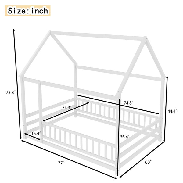 English Elm Twin Pine House Frame Floor Bed with Peaked Roof and Fence Guardrails for Kids White W1858P389981