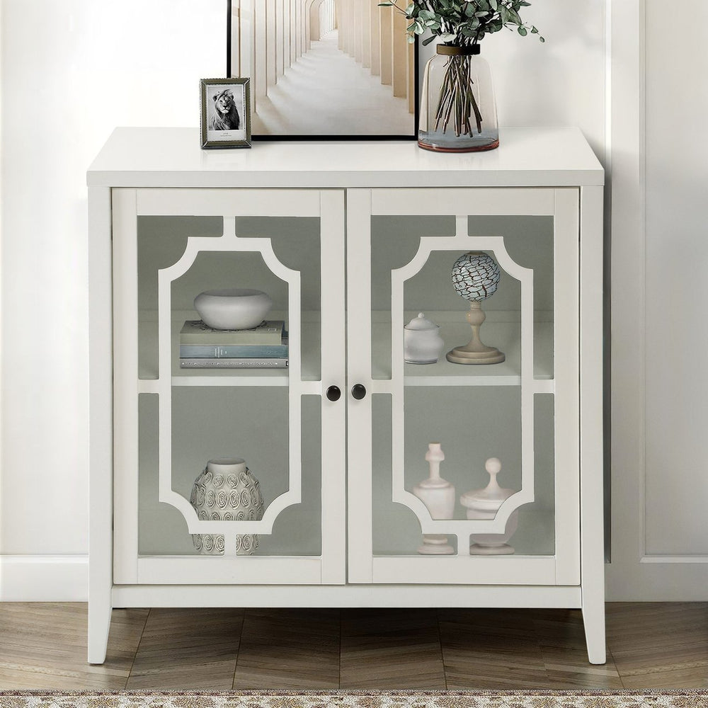 English Elm White Glass Door Console Table with Fretwork Design, Tapered Legs, Dust-Free Display & Storage (95) B062P185652