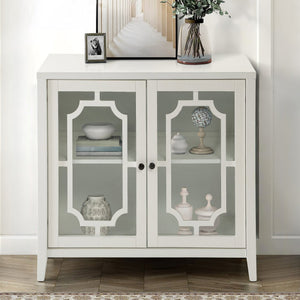 English Elm White Glass Door Console Table with Fretwork Design, Tapered Legs, Dust-Free Display & Storage (95) B062P185652
