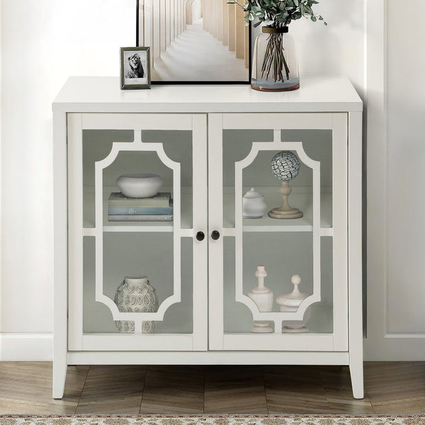 English Elm White Glass Door Console Table with Fretwork Design, Tapered Legs, Dust-Free Display & Storage (95) B062P185652