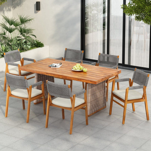 English Elm Christopher Knight Home® - Outdoor 7-Piece Acacia Wood Dining Set With Woven Rattan Legs & Cushioned Armchairs For Comfort N773OD00045G