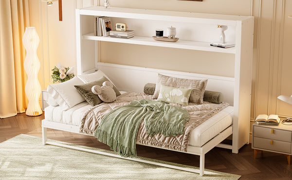 English Elm Twin Size Murphy Bed With Shelves - Space-Saving Metal Wall Bed Design For Stylish Small Rooms W1580S00275-GIGA