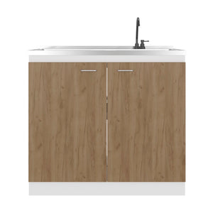English Elm Napoles Freestanding Utility Sink Cabinet with Stainless Steel Top and Storage Shelves Natural+White B070S00407