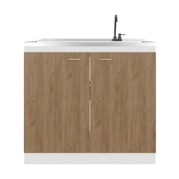 English Elm Napoles Freestanding Utility Sink Cabinet with Stainless Steel Top and Storage Shelves Natural+White B070S00407