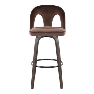 English Elm Fixed-height Swivel Barstools Walnut Bentwood and Velvet Upholstered Seats Set of 2 B202S01886
