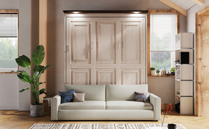 English Elm Queen Murphy Platform Bed with Foldaway Cabinet, Built-In LED, Side Cabinets & Drawers for Small Spaces Beige N7090002230A