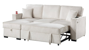 English Elm Convertible Corduroy Sectional Sofa with Reversible Chaise, Hidden Storage, USB Port & Pull-Out Bed Beige 60 L x 30 W x 19 H B011S01244