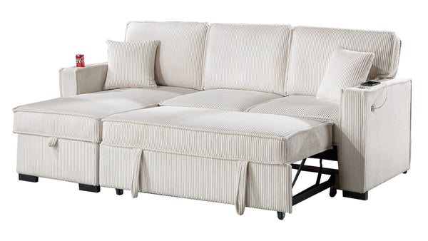 English Elm Convertible Corduroy Sectional Sofa with Reversible Chaise, Hidden Storage, USB Port & Pull-Out Bed Beige 60 L x 30 W x 19 H B011S01244