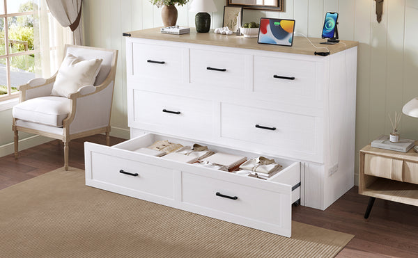 English Elm Murphy Full-Size Cabinet Bed with Built-In Charging Station, Storage Drawer & 700lb Capacity Comfort White 57.25 L x 27 W x 6 H N733S293997W