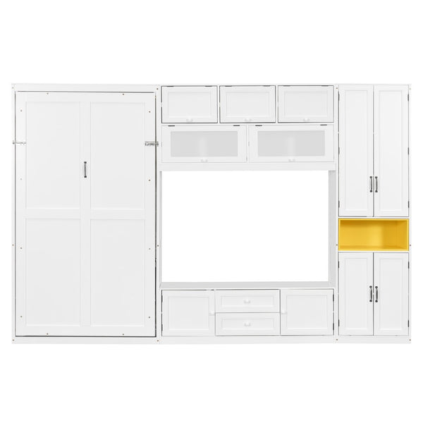 English Elm Twin Murphy Wall Bed with Integrated Tv Stand Open Shelving and Cabinet Storage LP000768AAK