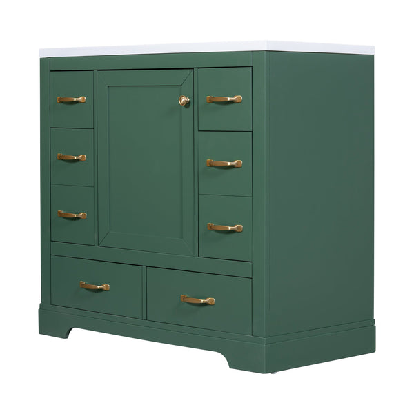 English Elm 36" Modern Bathroom Vanity with Ceramic Sink, Six Drawers, Adjustable Shelf, Solid Wood Build Green SY999808AAF-6