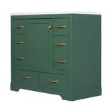 English Elm 36" Bathroom Vanity With Sink Combo, Six Drawers, Multi-Functional Drawer Divider, Adjustable Shelf, Green