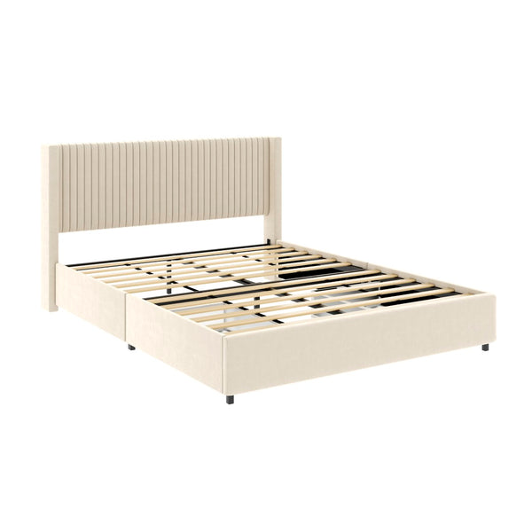 English Elm Same Anna Patented 2-Drawer Queen Storage Bed In Ivory Velvet - Modern Wingback Design With Support B191P191592-GIGA