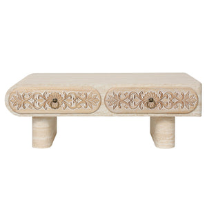 English Elm Rounded Edge Coffee Table Solid Wood Engraved Drawer Modern Living Room Storage W3040P428686