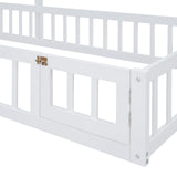 English Elm Wooden Floor Bed With Fence Railings and Detachable House Shape Headboard, Twin Size Bed With Kids Dress Up Rack, Kids Montessori Style Playhouse Frame For Girls Boys, White