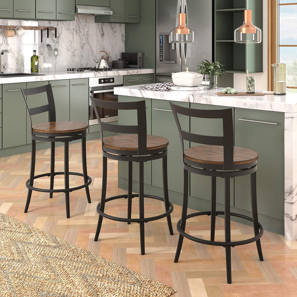 Eccari Swivel Counterstools with Iron Frame and Veneer Seats Set of 2